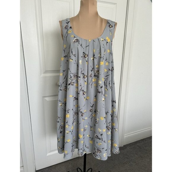 Entro Sleeveless Scoop-neck Swing Dress-Gray Yellow Floral-Size M - Picture 1 of 8